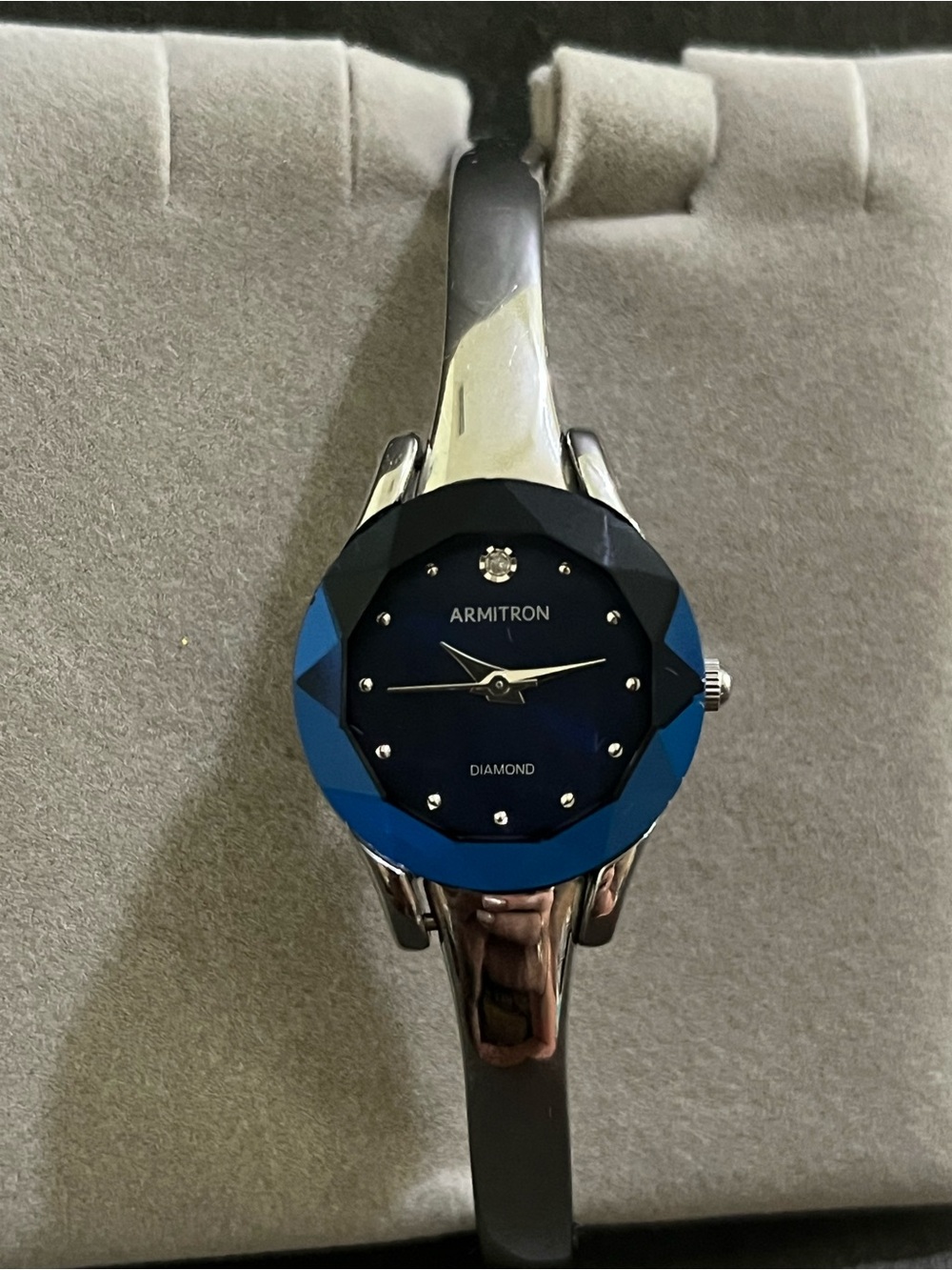 Armitron Silver Bangle Watch with Blue Faceted Crystal Bezel